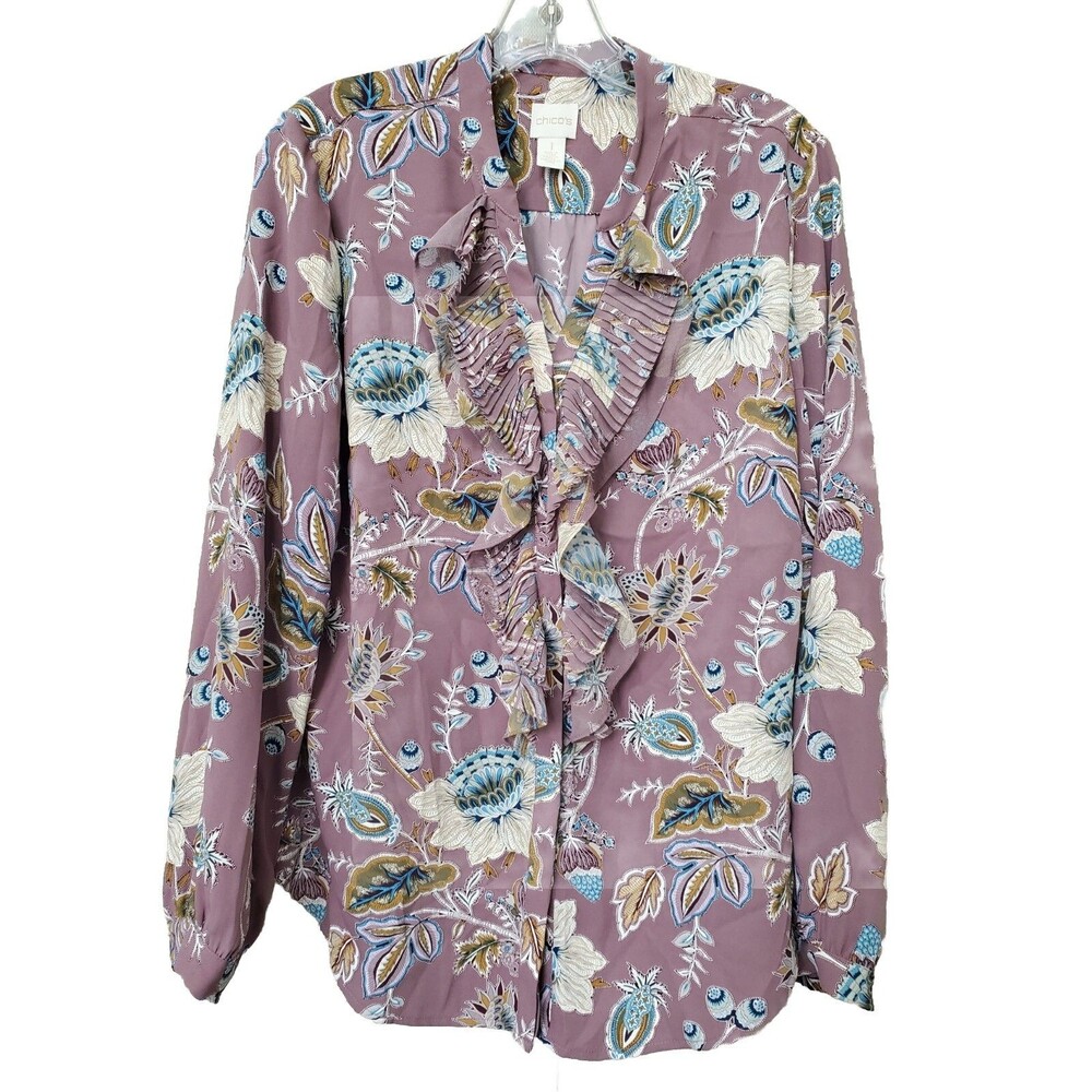 Chico's Purple Jacobean Bouquet Pleated Ruffle Button-Up Shirt Size 1 MEDIUM
